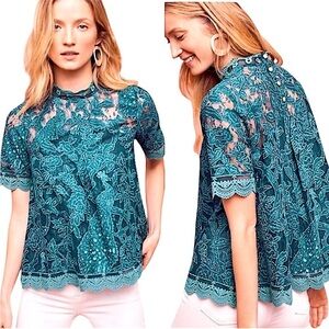 HD in Paris Teal Peacock Lace Meadows Short Sleeve Blouse Anthropologie Size 0